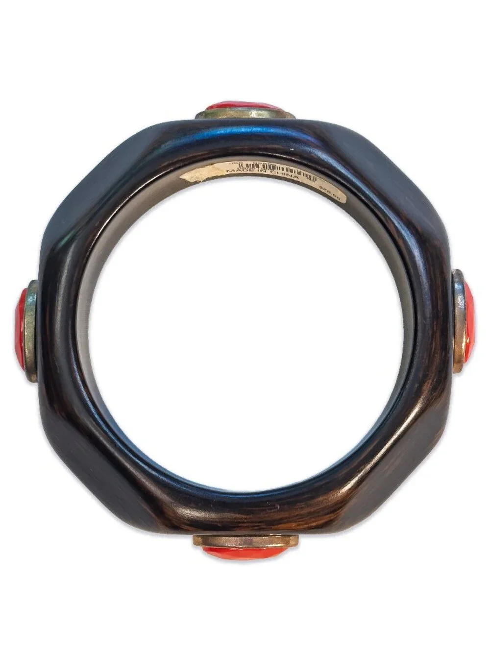 Lucite Faux Wood Bangle Fashion Bracelet with Red Cabochon Inlays